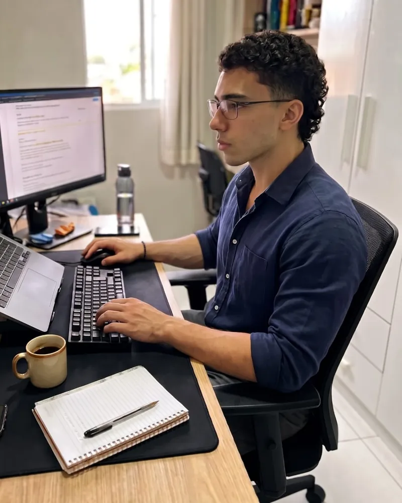 Henrique Fazio trabalhando em um site no computador